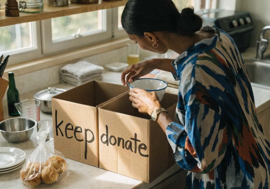 Sorting kitchen items into keep and donate boxes during decluttering