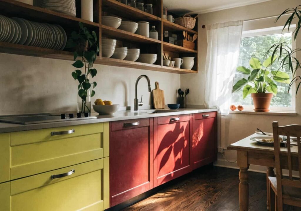 Colorful kitchen cabinets paired with open wooden shelving
