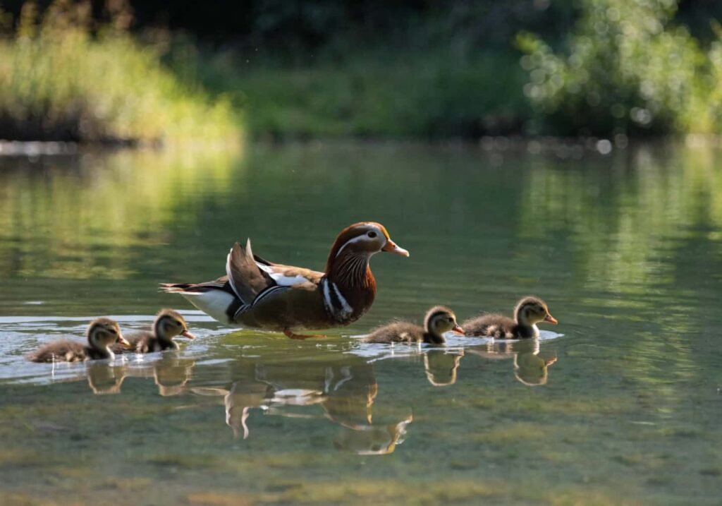 A mother Mandarin Duck swimming with her ducklings behind her