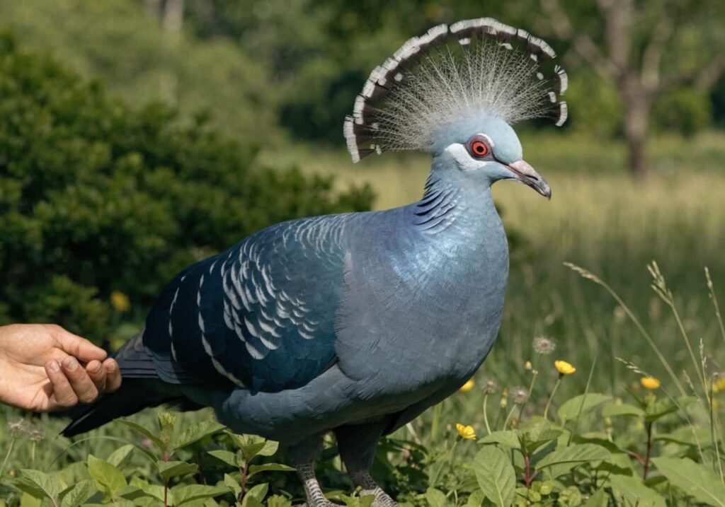 Real image showing the impressive size of the Victoria Crowned Pigeon compared to its surroundings.