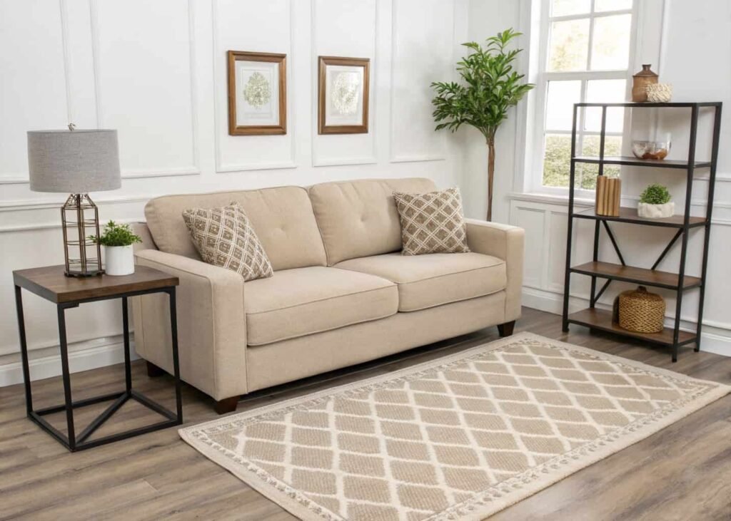 Mid-range living room with neutral sofa, area rug, and console storage table