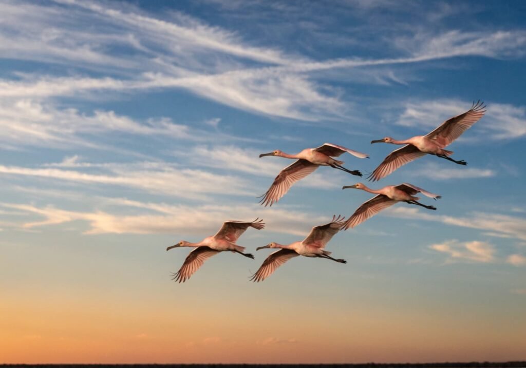 A flock of spoonbills flying in formation during sunset.