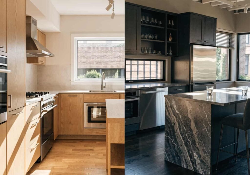 Kitchen cabinet color choices compared for small and large kitchen spaces