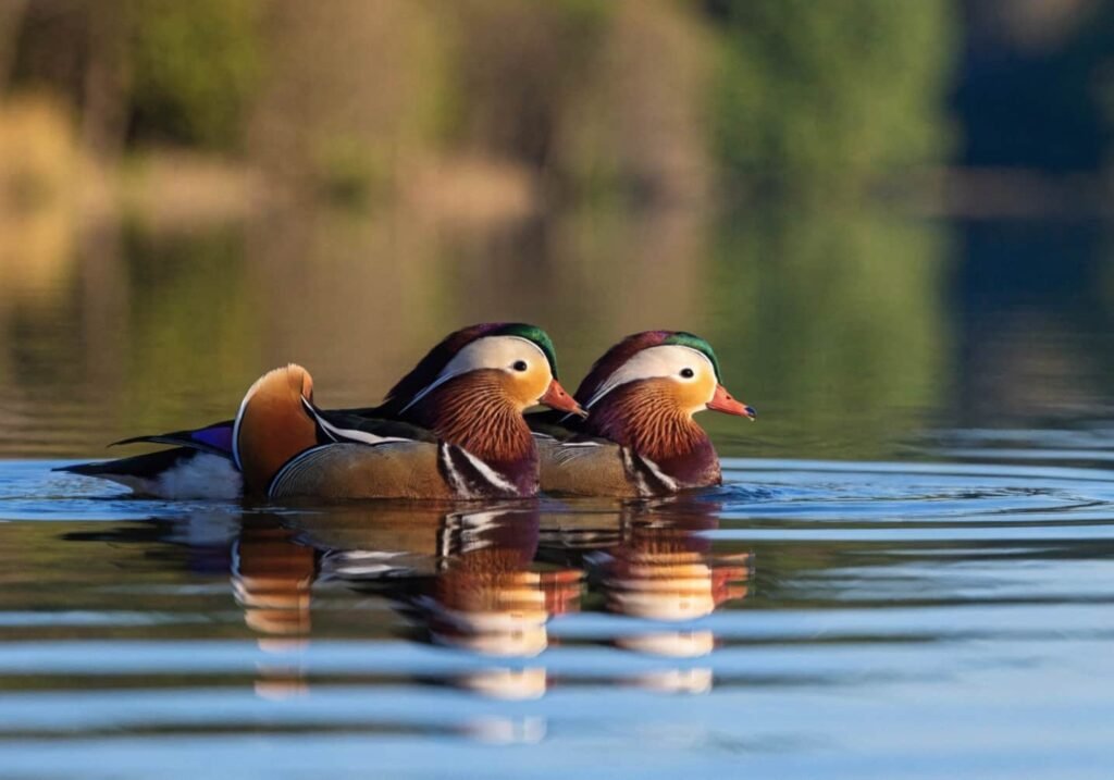 A pair of Mandarin Ducks swimming together symbolizing love and loyalty