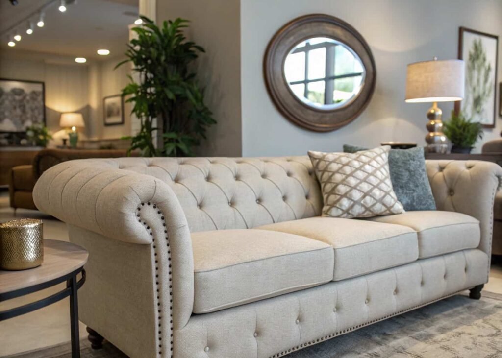 Living room showing splurge sofa fabric and save budget mirror dupe