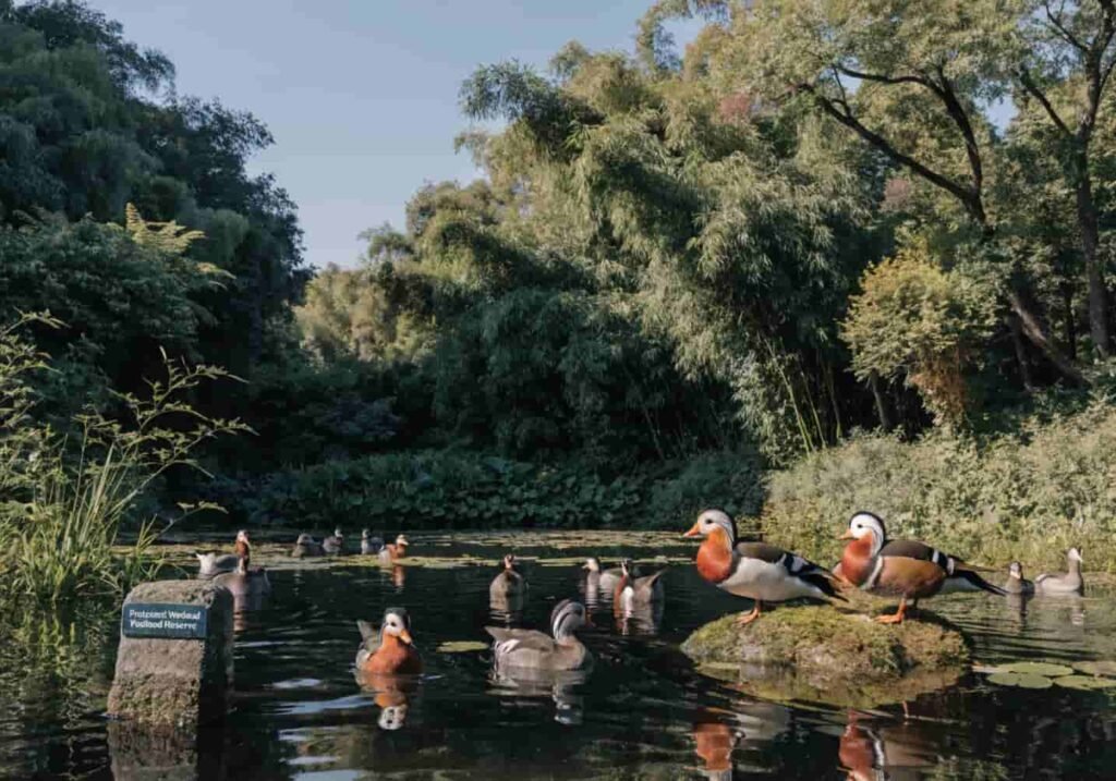 Mandarin Ducks living safely in a protected wetland habitat