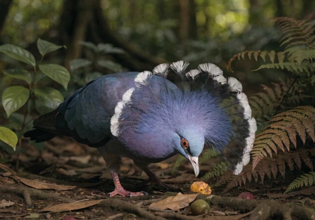 Real image of a Victoria Crowned Pigeon feeding on fallen fruit in the wild.