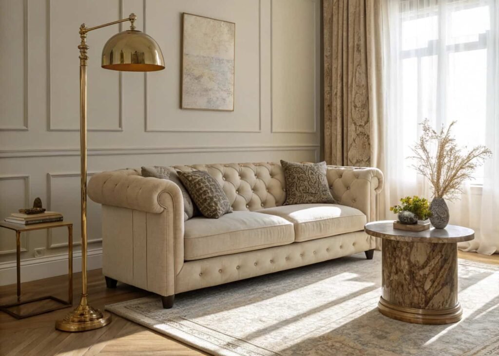 High-end living room with tailored sofa and brass lighting fixture
