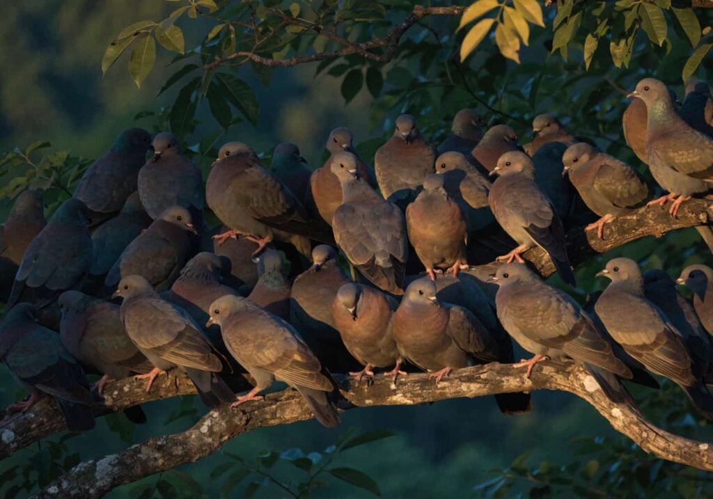 Flock of Nicobar pigeons roosting together on trees at dusk