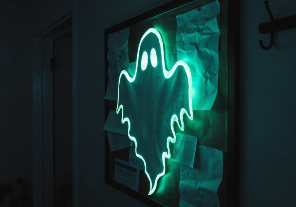 Glow-in-the-dark paint accents on a Halloween ghost cutout glowing in a dark room.