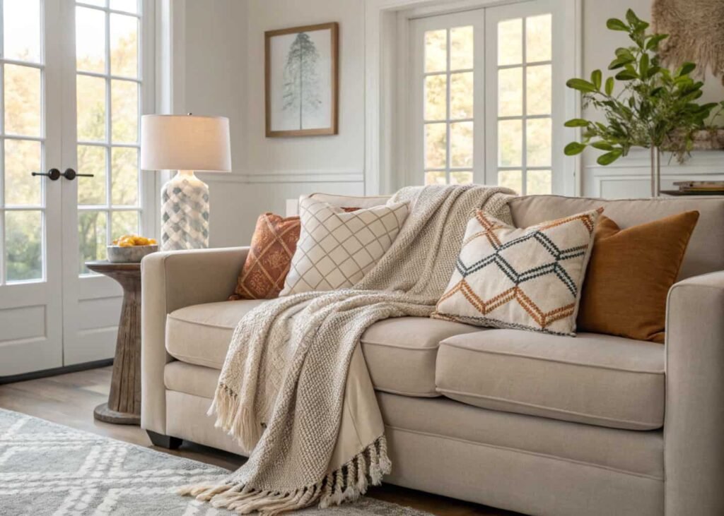 Seasonal decor swap showing throw blanket and accent pillow options on sofa