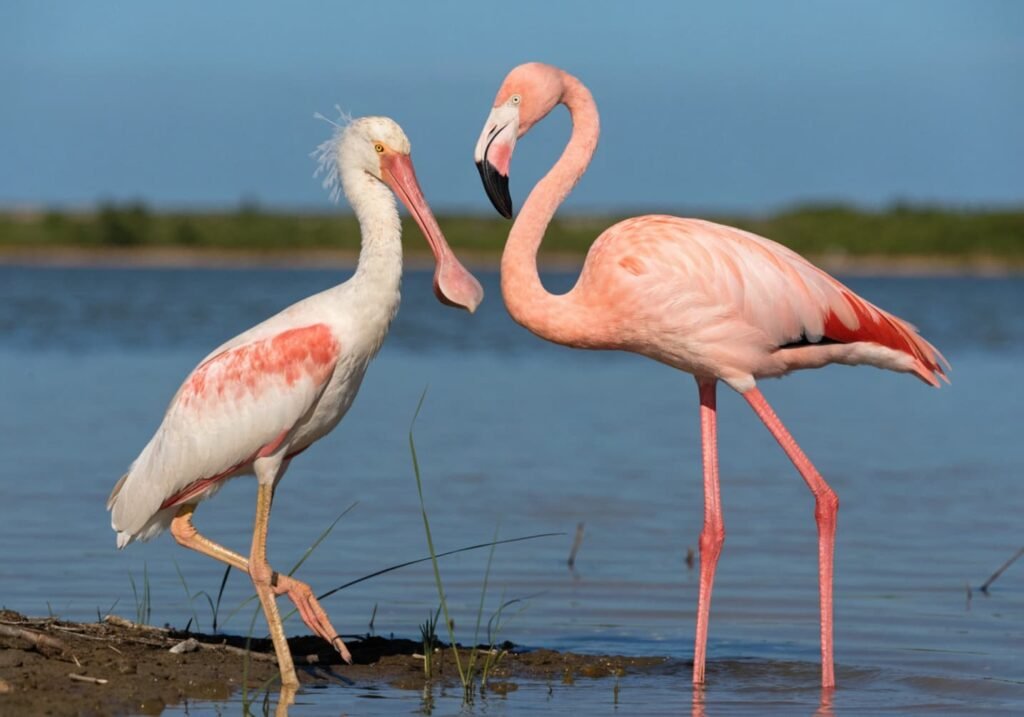 A spoonbill and a flamingo standing together, showing their physical differences.