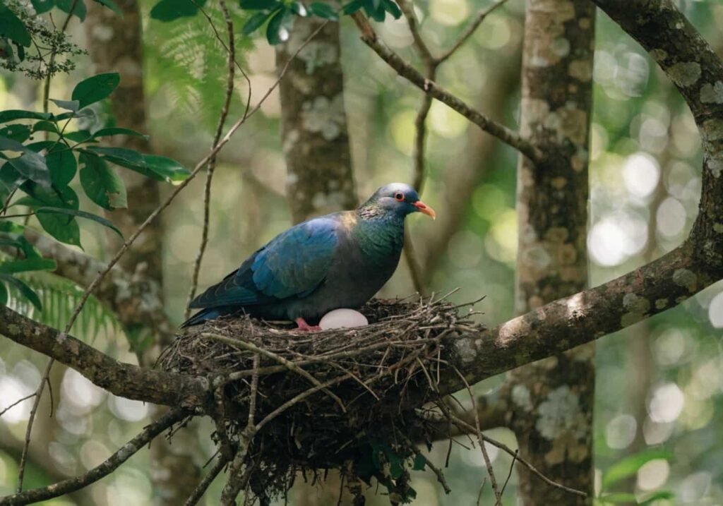 Nicobar pigeon nesting with a single egg in a tree