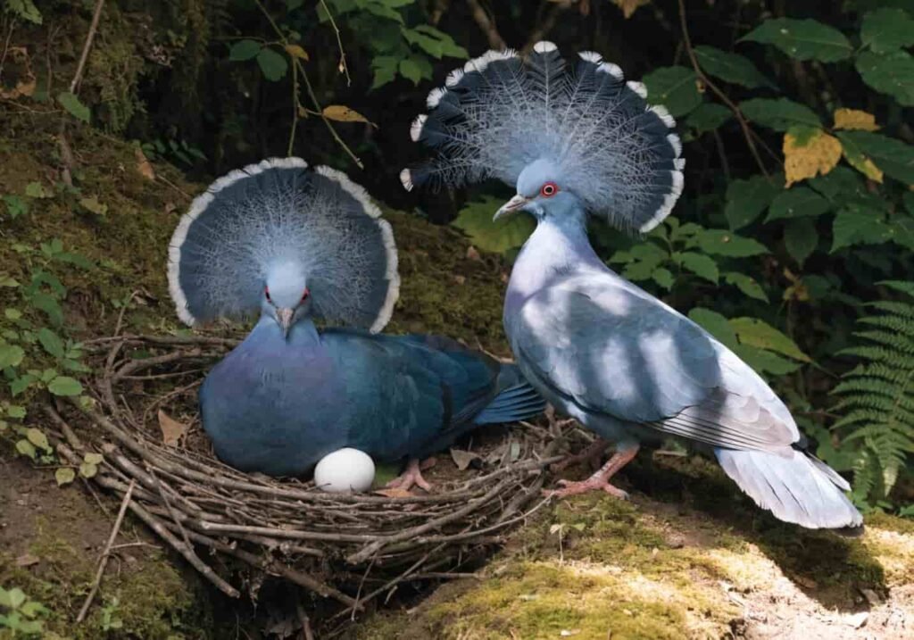 Real image of a Victoria Crowned Pigeon pair caring for their nest and egg.