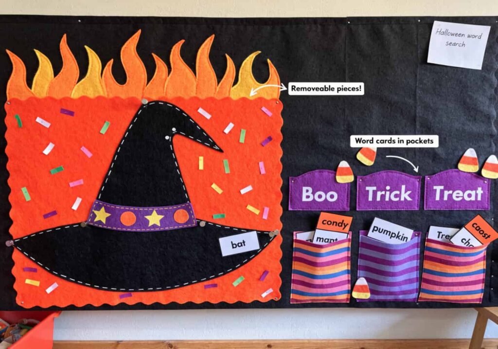 : Interactive felt Halloween board for kids with removable pieces and a pocket chart.