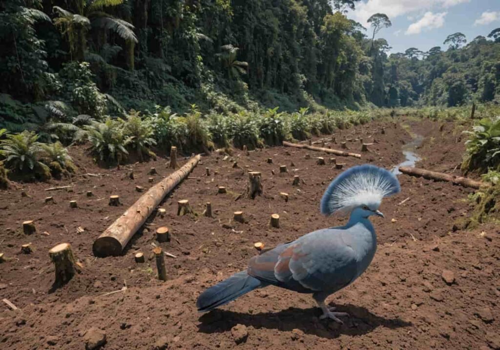 Real image showing deforestation threats to the Victoria Crowned Pigeon's natural habitat.