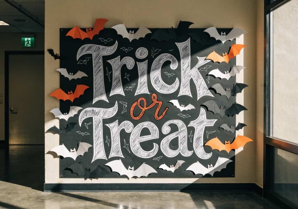 Hand-lettered chalk seasonal phrase on a black paper background for a Halloween board.