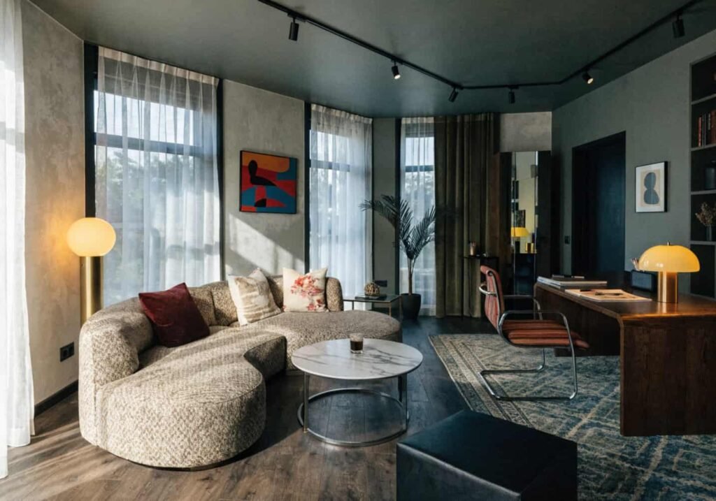 L-shaped sectional sofa fitted into an L-shaped living room layout