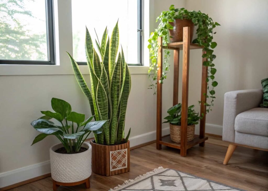 Living room corner with layered indoor plants including snake plant and pothos.