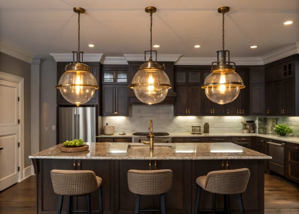 Pendant lighting fixtures over a kitchen island in an open concept kitchen