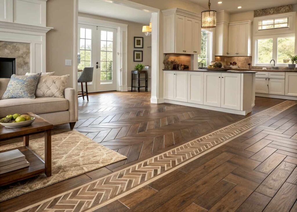 Cohesive flooring transition from living room hardwood to matching kitchen tile.