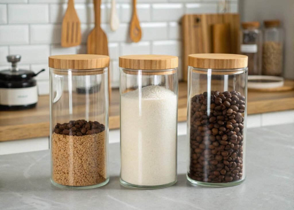Matching glass canisters styled on kitchen countertop