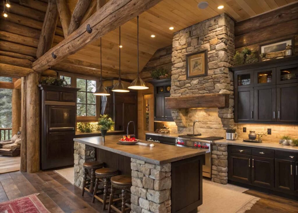 Rustic cabin kitchen with exposed beams, stone backsplash, and live-edge wood island