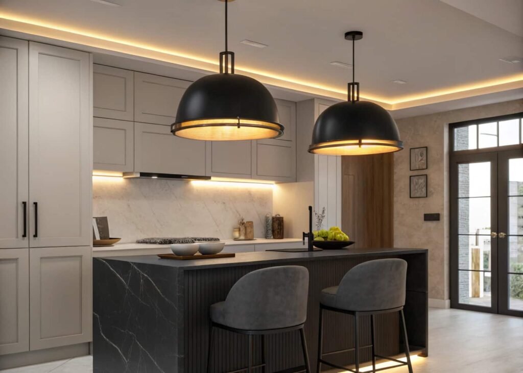 Modern kitchen island with black drum pendant lighting