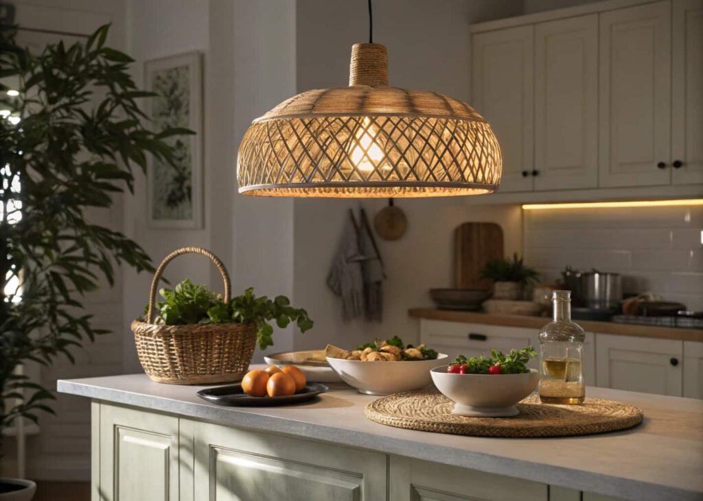 Woven rattan pendant light over a kitchen island for warm aesthetic lighting