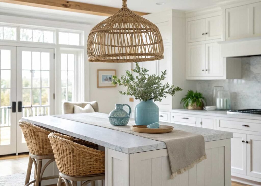 Coastal kitchen counter with woven rattan pendant, linen runner, and white quartz surface