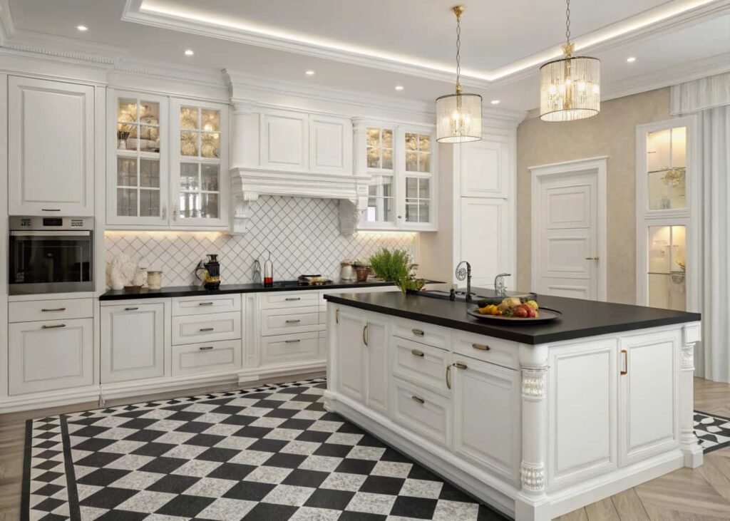 Black and white kitchen with checkerboard floor and black island