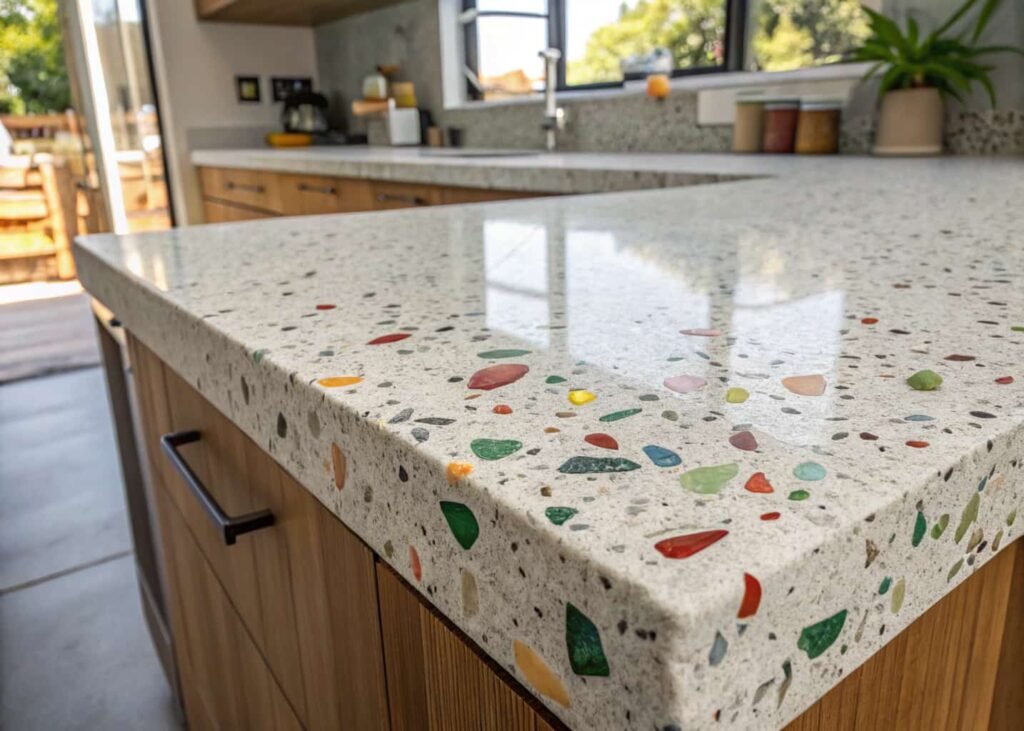 Recycled glass composite kitchen countertop, an eco-friendly 2026 material trend