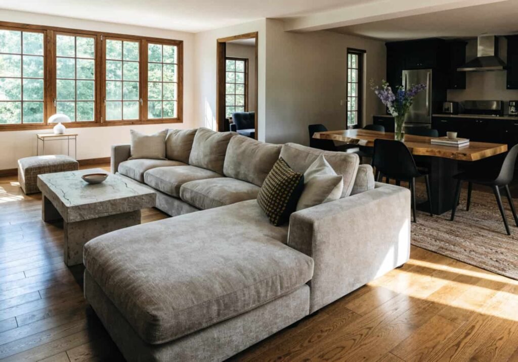 Sectional sofa used as a room divider in an open floor plan