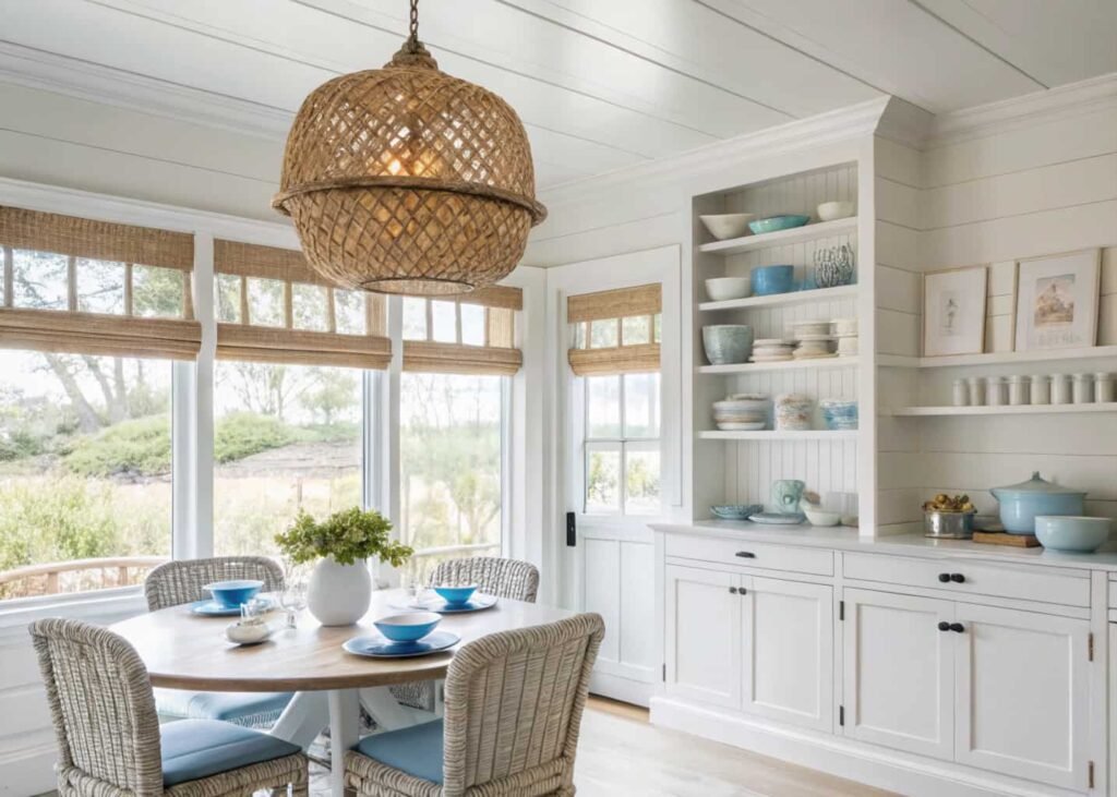 Coastal kitchen decor with rattan pendant, linen shade, and blue and white dishware