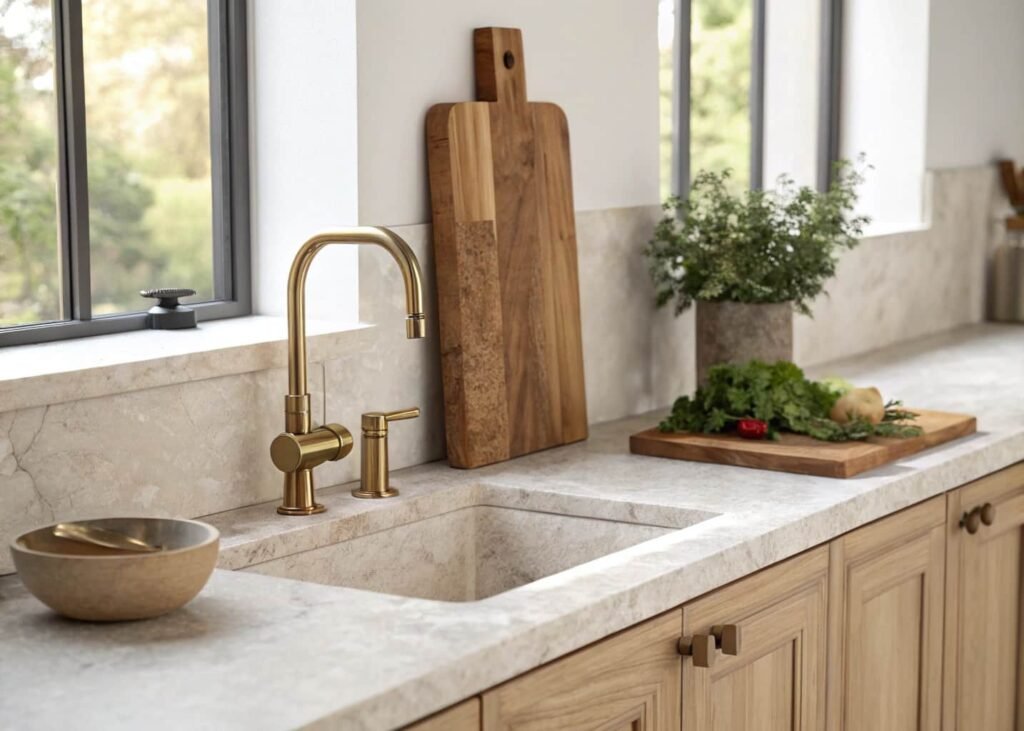 Kitchen counter mixing stone, brushed brass, and wood textures in one styled vignette.
