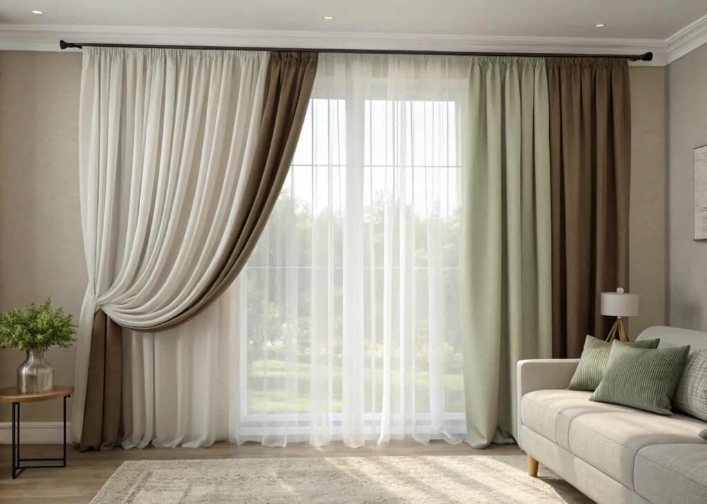 Neutral taupe curtains contrasting gently with a living room wall