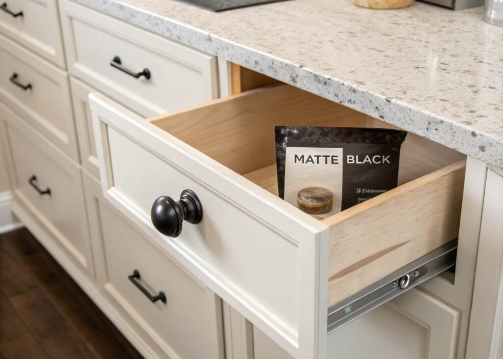 Removable cabinet hardware swap adding color to a rental kitchen without repainting.