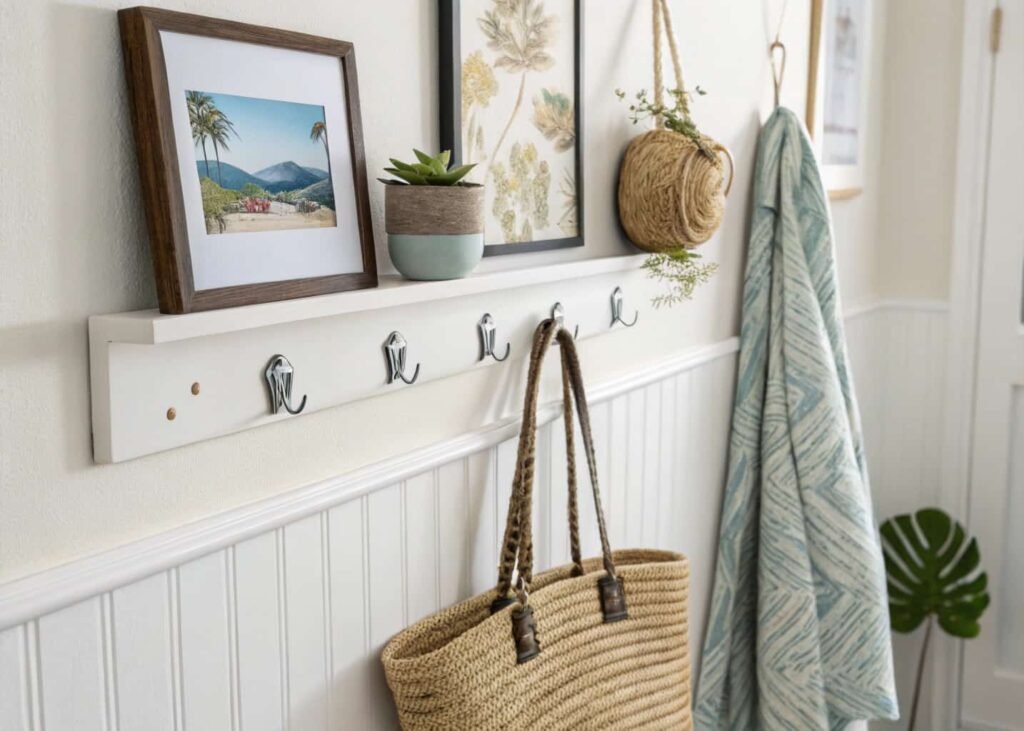 Rental-friendly bedroom wall decor using adhesive hooks
