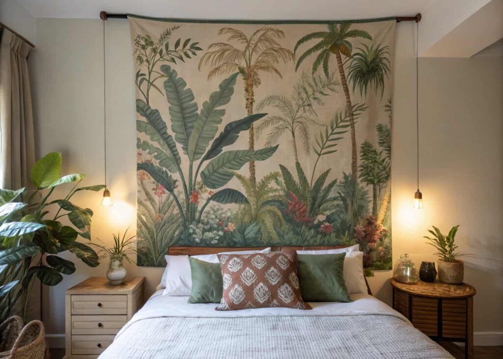 Botanical print tapestry hung above bed headboard in aesthetic bedroom