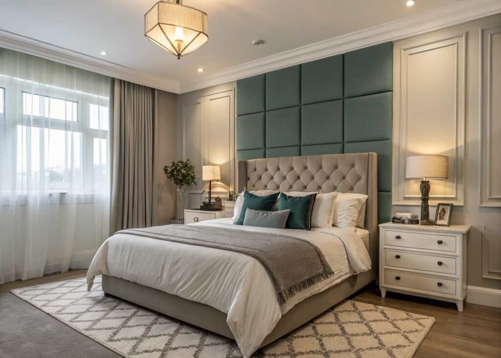 Small bedroom design tricks including a tall mirror and furniture with visible legs