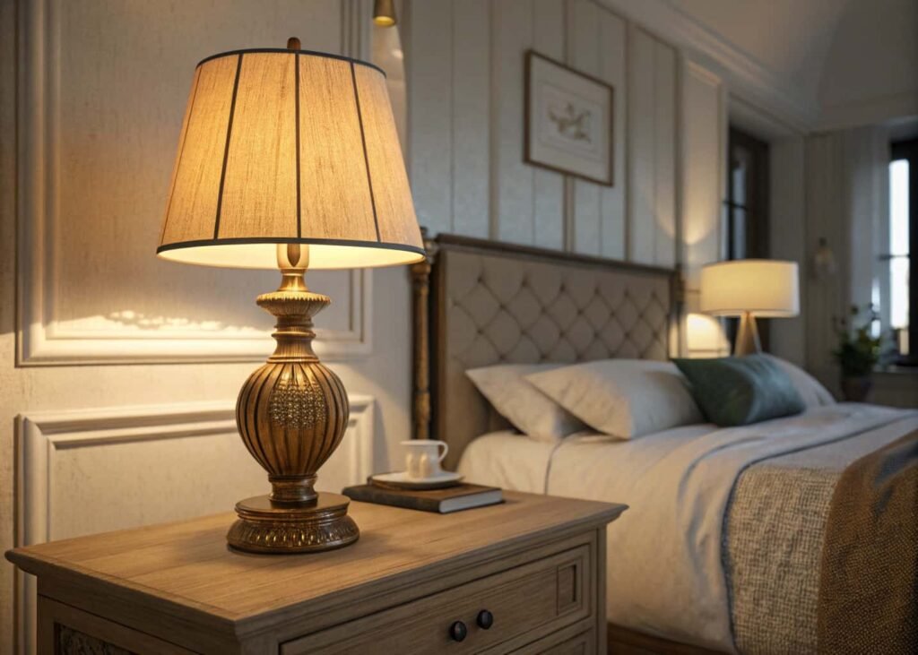 Warm bedside lamp lighting a cozy bedroom in the evening