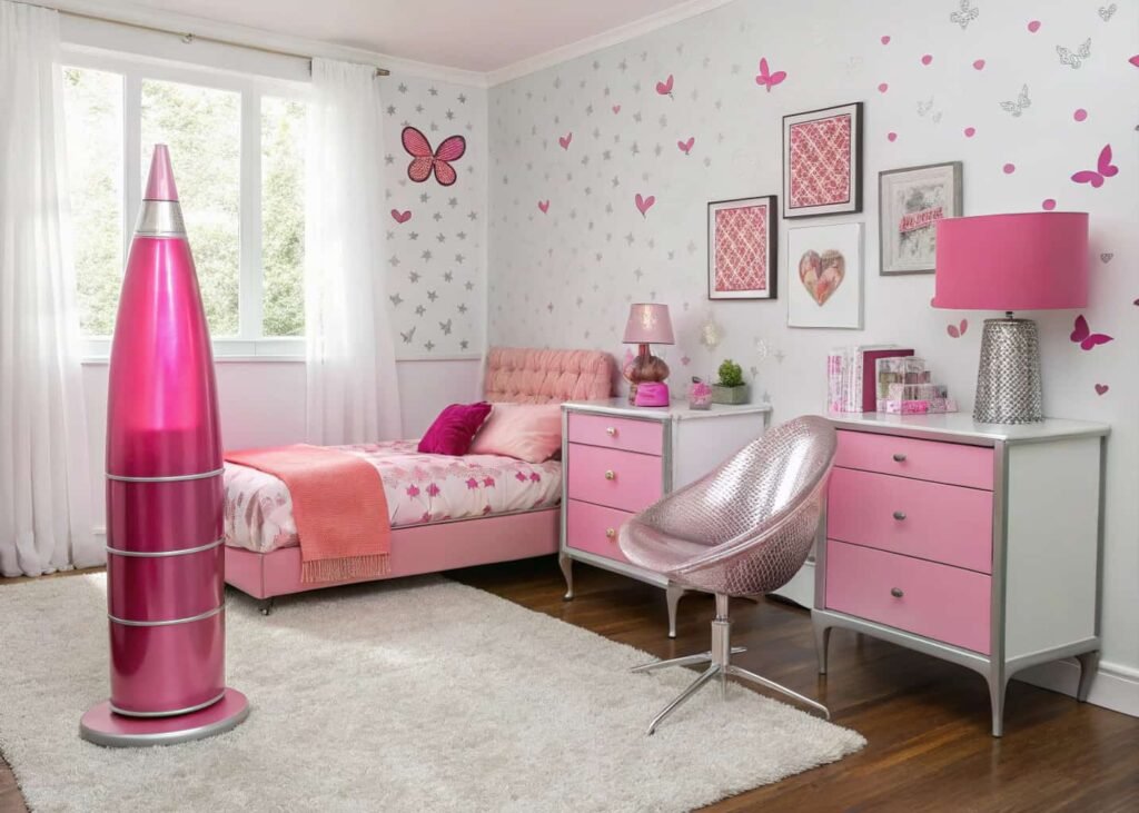 Y2K bedroom aesthetic ideas with glossy pink and chrome accents]