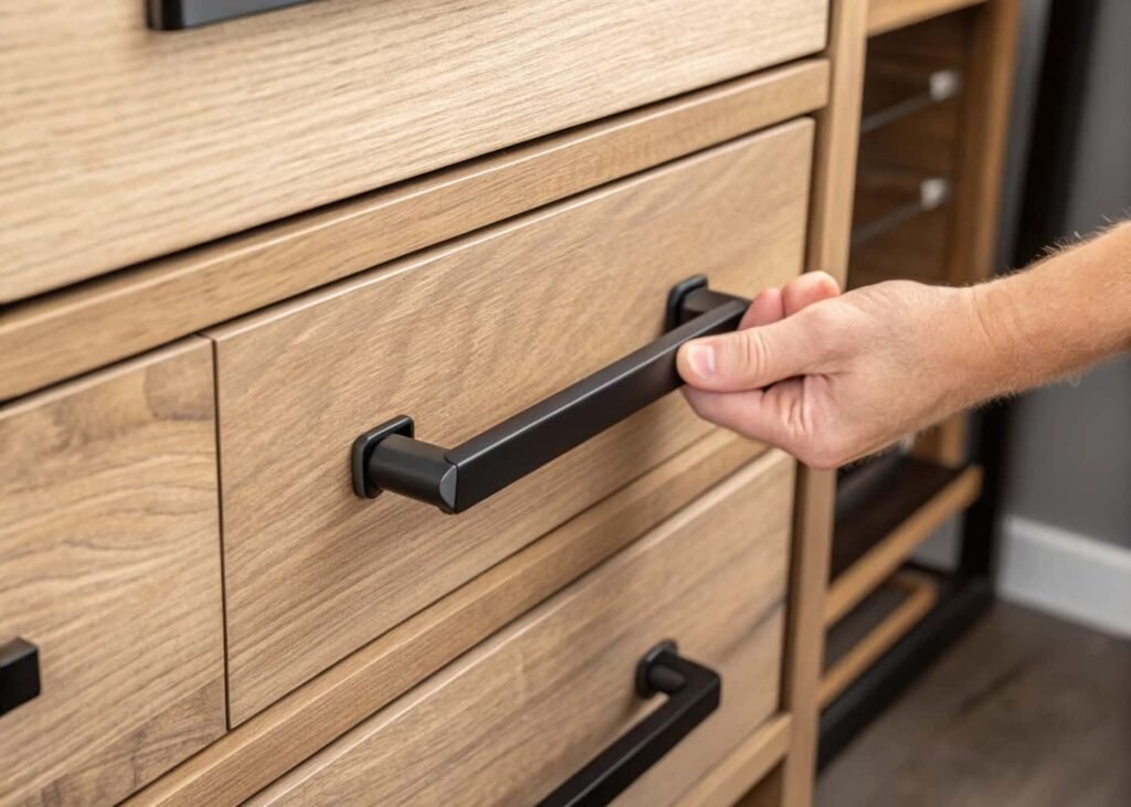 Installing new matte black hardware on a bedroom dresser drawer