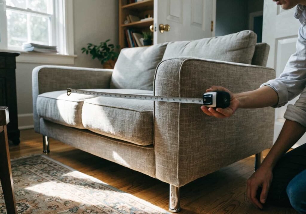 Apartment-size sofa under 70 inches wide fitting comfortably in a tight living room.