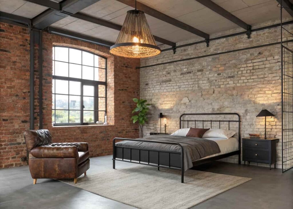 Industrial loft bedroom with exposed brick, metal bed frame, and pendant lighting