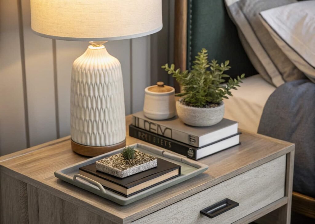 Styled bedroom nightstand with lamp, books, tray, and small plant