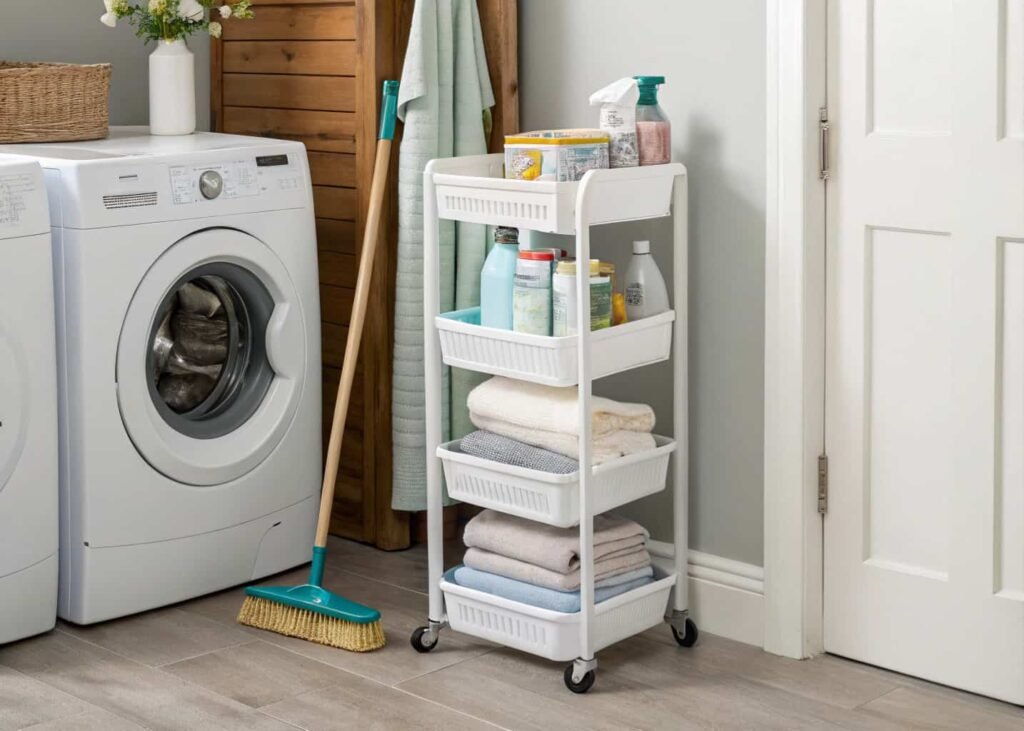 Slim pull-out cart beside a washer holding detergent and dryer sheets