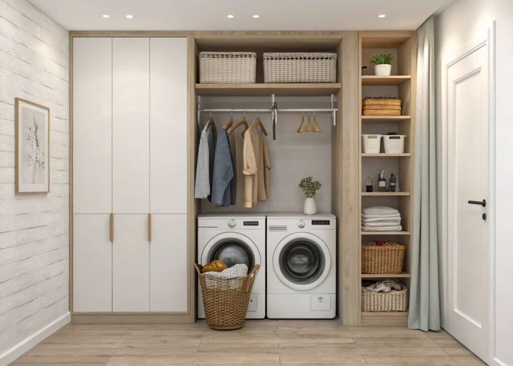 Small laundry room with vertical shelves and a slim rolling cart between appliances.