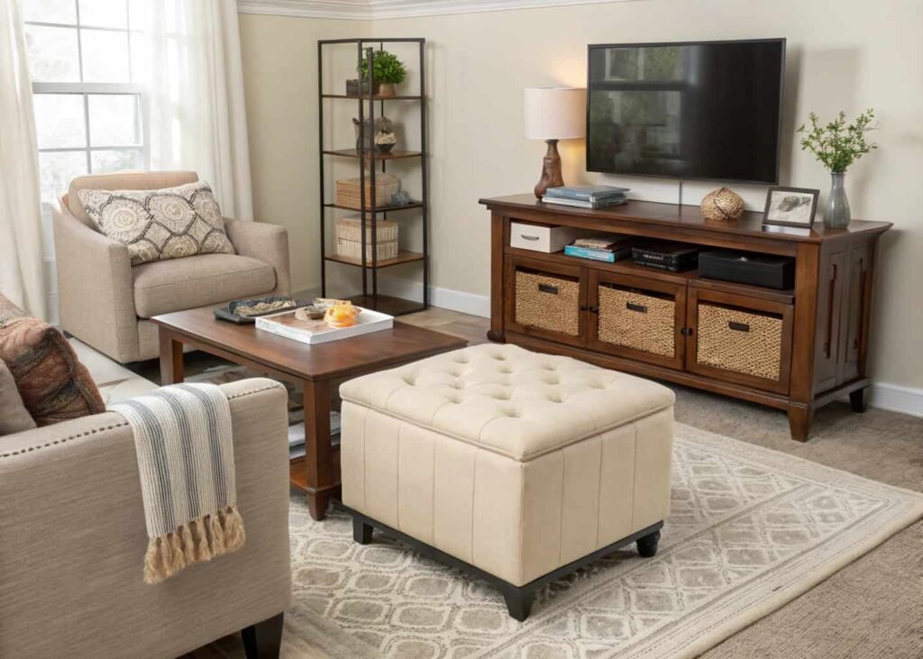 Small living room using multi-functional storage furniture.