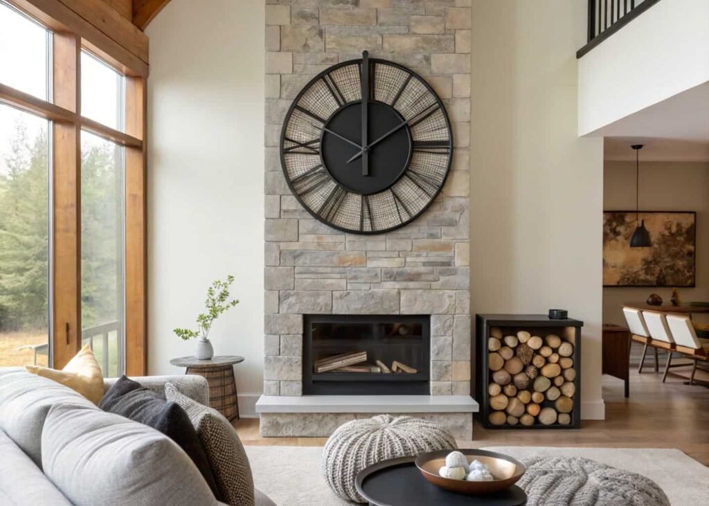 oversized black minimalist wall clock hung above a fireplace in a modern living room